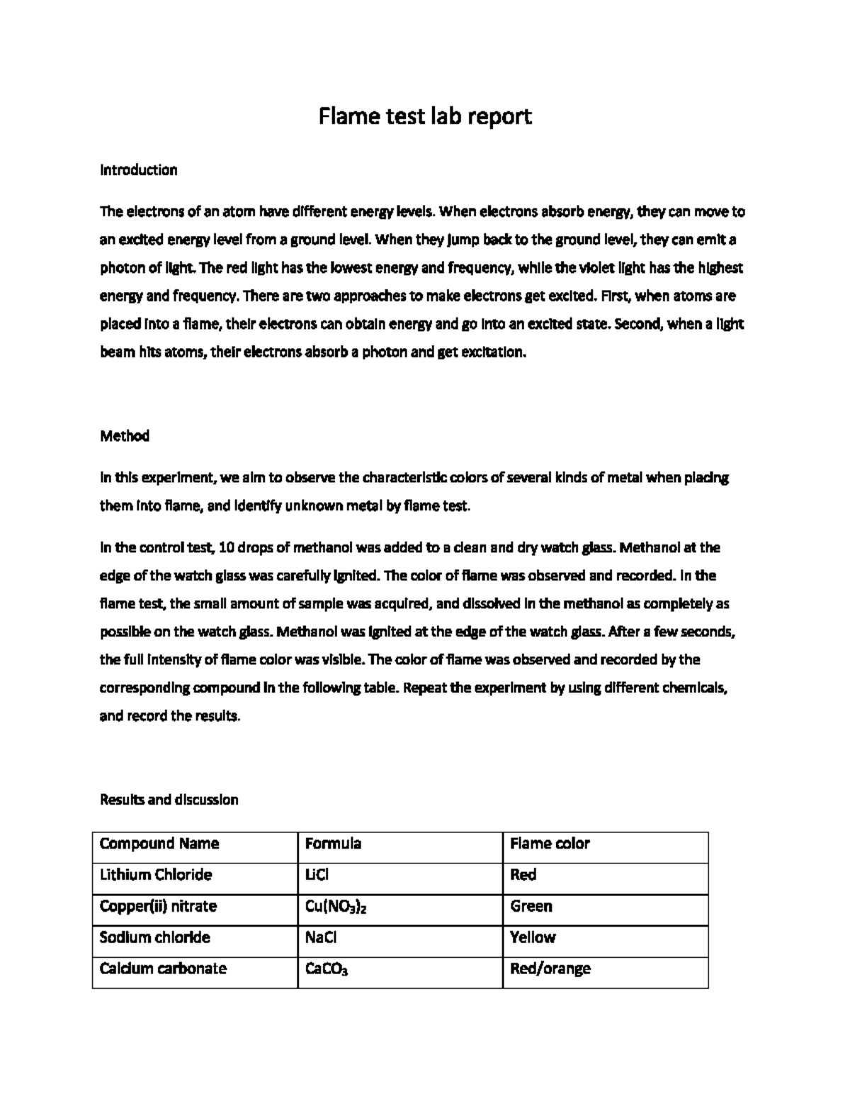 flame test lab answers