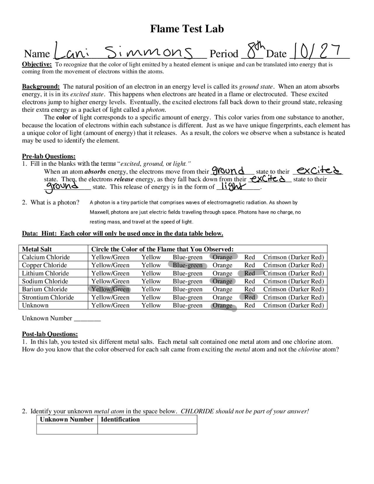 flame test lab answers