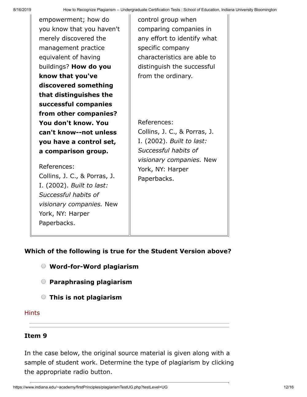 university of indiana plagiarism test answers